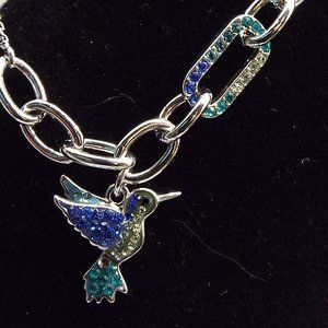 SWEET AQUA & BLUE RHINESTONE HUMMINGBIRD CHARM SILVERY BRACELET 38